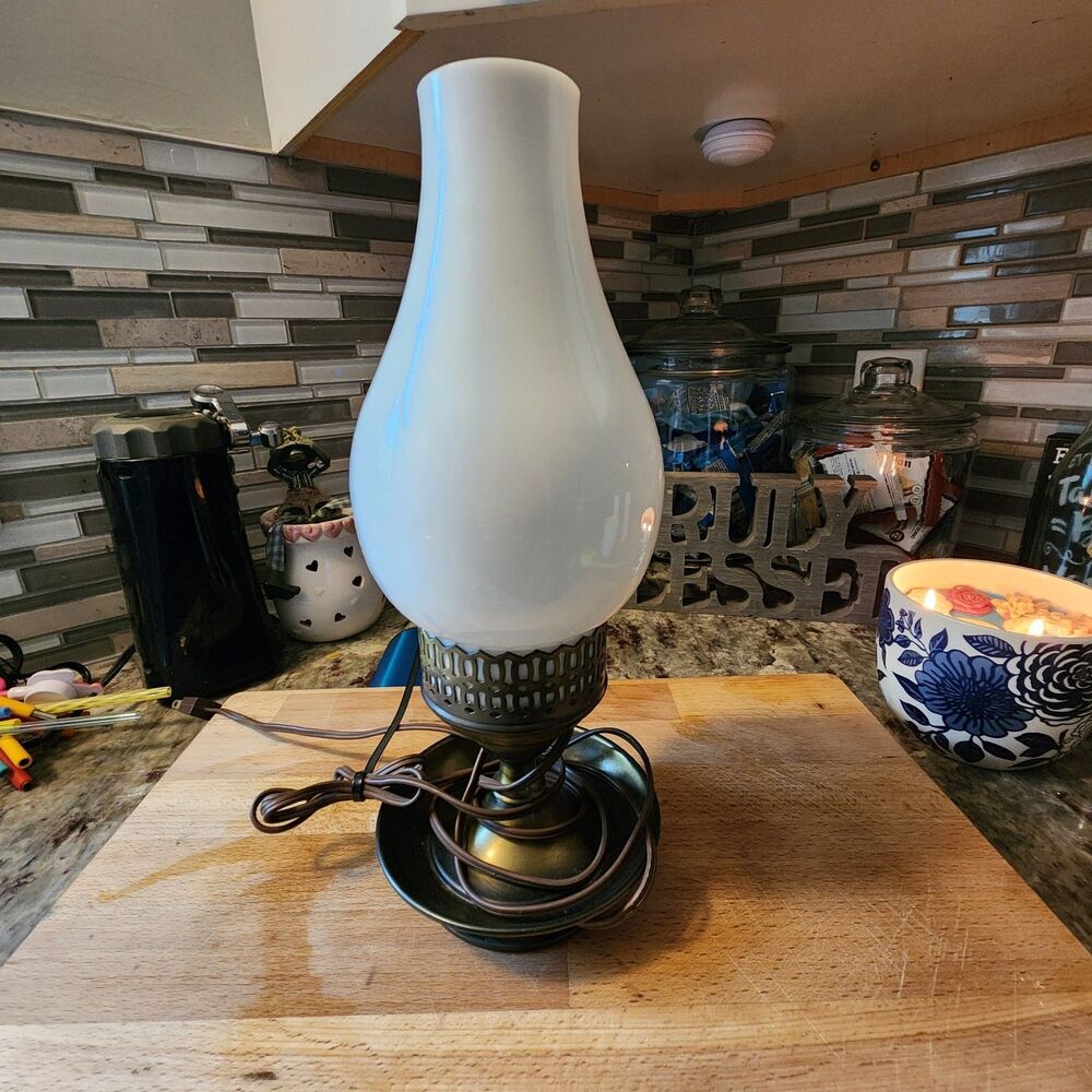 Vintage Brass Hurricane Electric Lamp W/ Opaque Milk Glass Hurricane Chimney